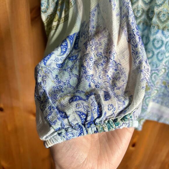 J. Jill Patchwork Blouse Women’s 2x Blue Green Long Sleeve Boho Hippie Bohemian - Picture 7 of 9